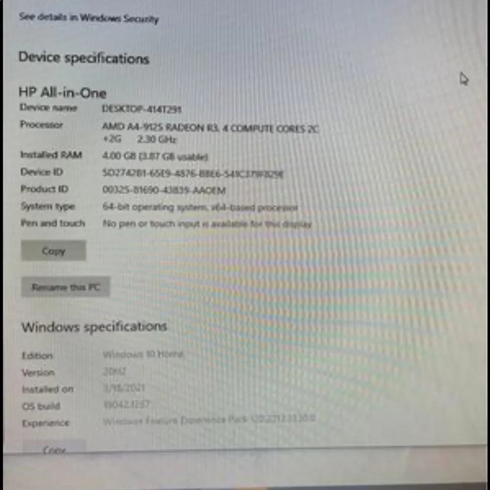 HP all in one desk top computer